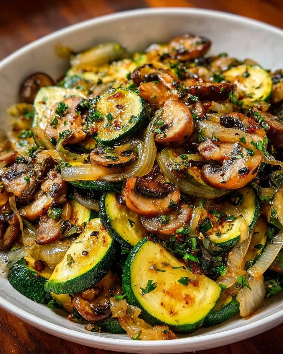 Delicious sautéed zucchini, mushrooms, and onions in a pan