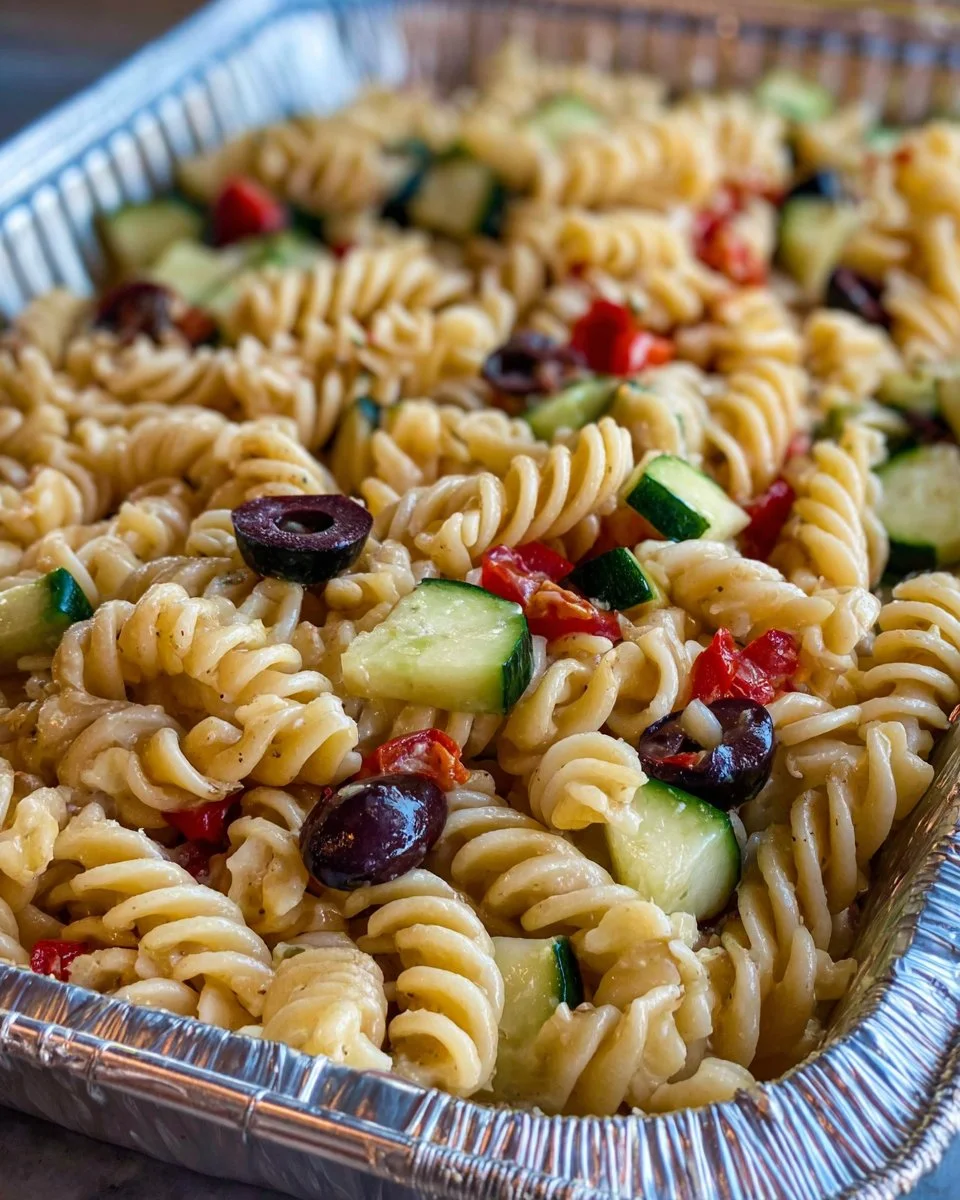Colorful Mediterranean Pasta Salad with olives, tomatoes, and herbs.
