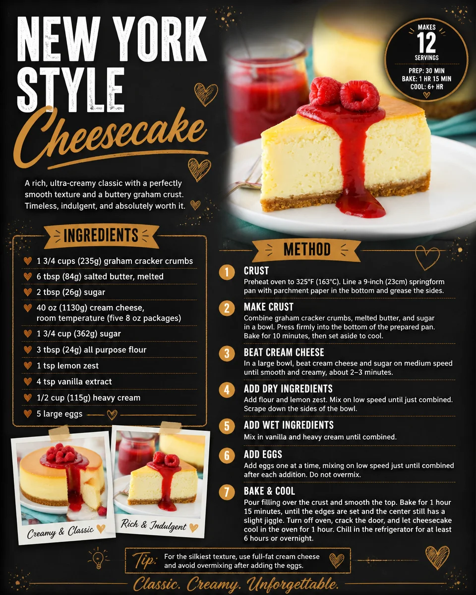 Delicious New York style cheesecake with a creamy texture and graham cracker crust