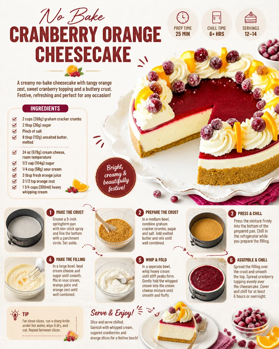 No Bake Cranberry Orange Cheesecake topped with cranberries and orange zest