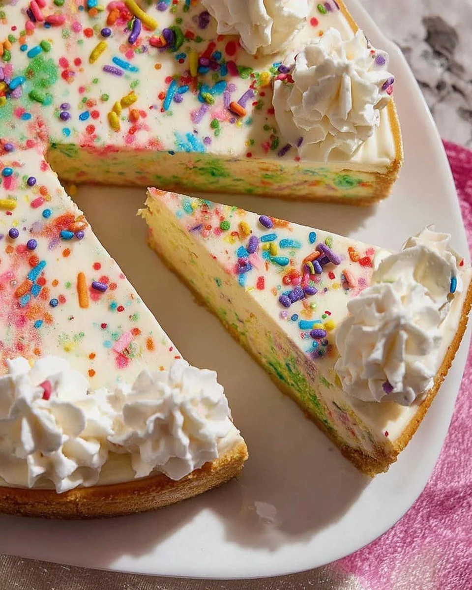 No-bake funfetti cheesecake topped with colorful sprinkles