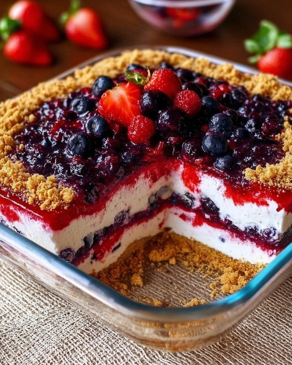 No-Bake Mixed Berry Yum Yum Dessert with fresh berries and creamy layers.
