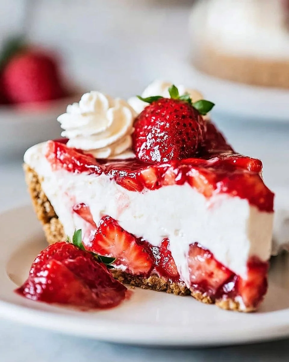 No Bake Strawberry Pie with Cream Cheese Filling topped with fresh strawberries