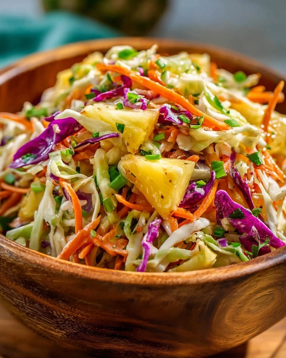 No-Mayo Hawaiian Pineapple Coleslaw served in a bowl with tropical ingredients