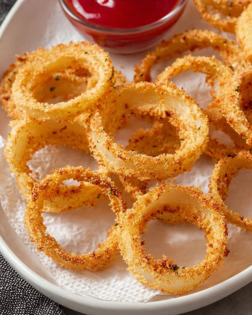Crispy oven baked onion rings in a bowl, golden brown and ready to enjoy