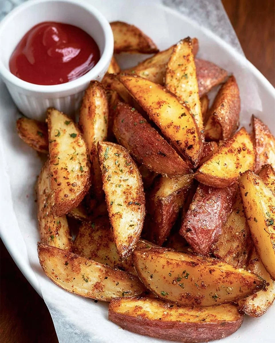 Crispy oven baked red skinned potato fries served in a bowl