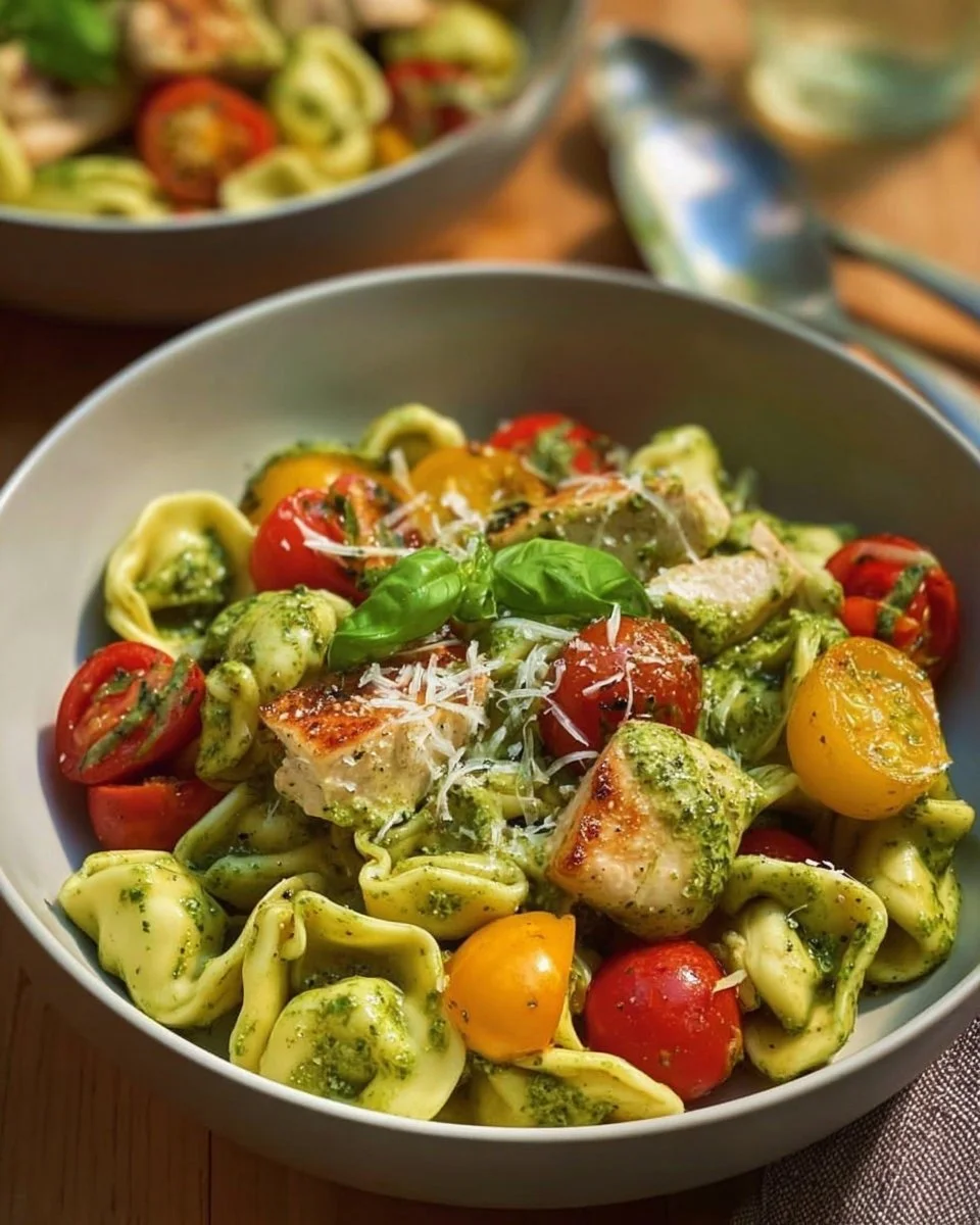 Pesto Chicken Tortellini with Cherry Tomatoes in a bowl