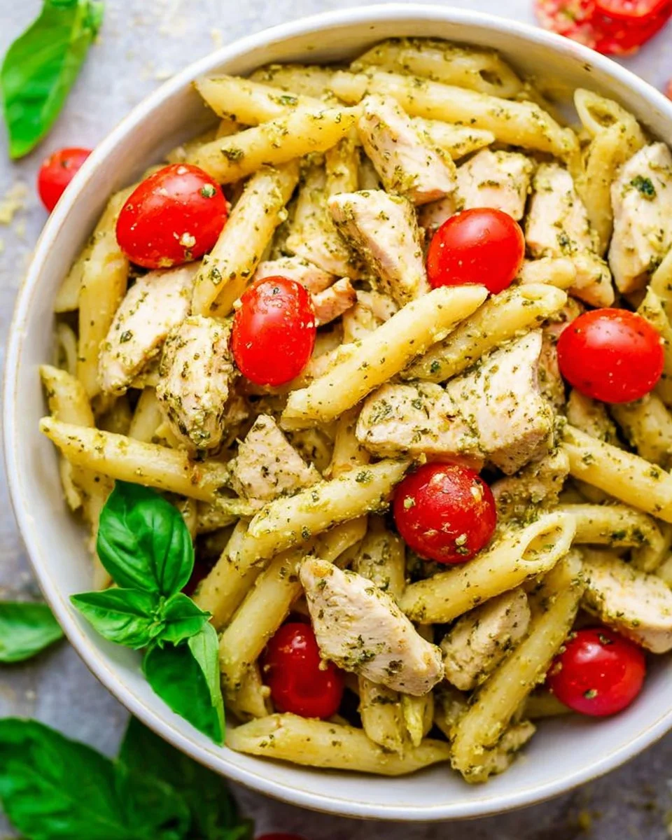 Pesto Parmesan Chicken served with pasta, garnished with fresh basil and Parmesan cheese.