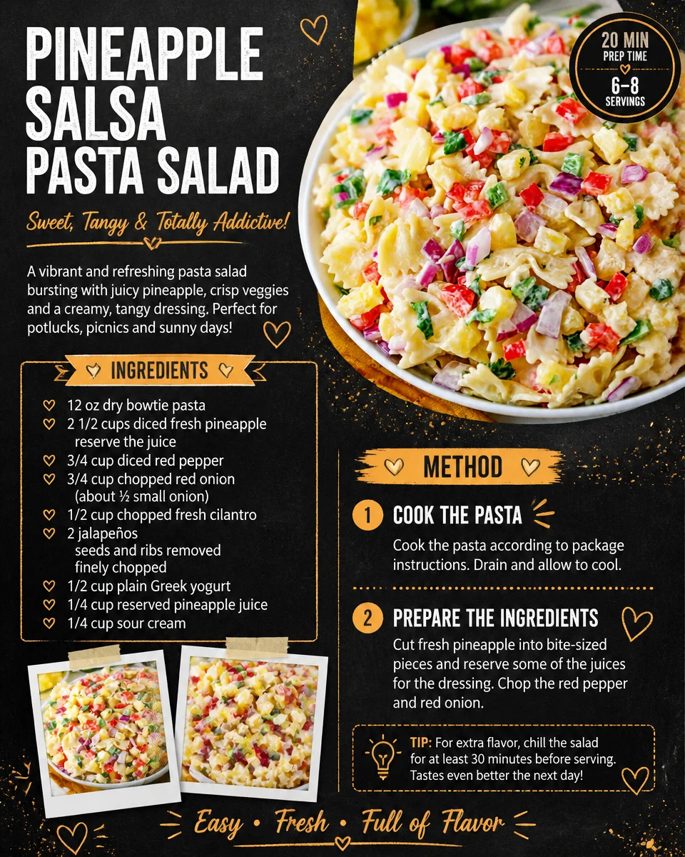 Delicious Pineapple Salsa Pasta Salad served in a bowl with colorful ingredients.