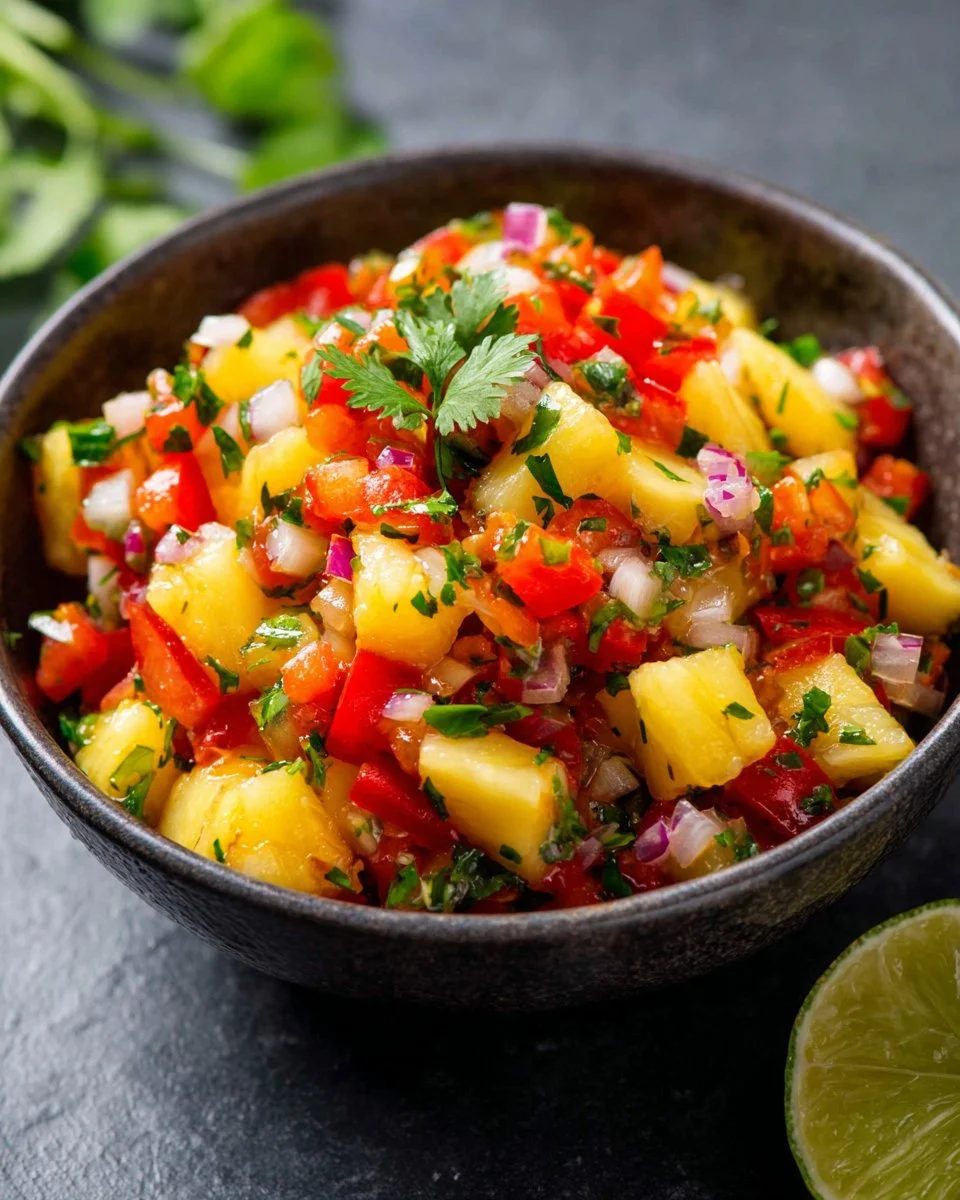 Freshly prepared Pineapple Tomato Salsa in a bowl with colorful ingredients.