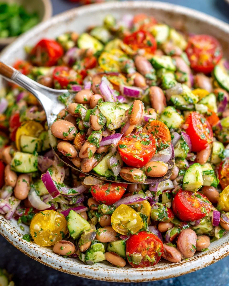 Colorful Pinto Bean Salad with fresh vegetables and dressing
