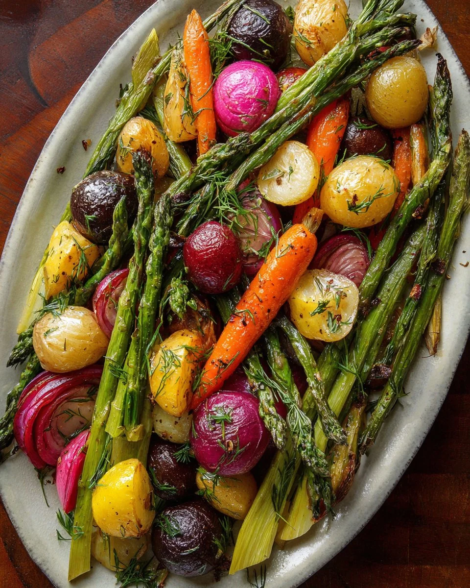 Plate of roasted spring vegetables, showcasing seasonal colors and freshness.