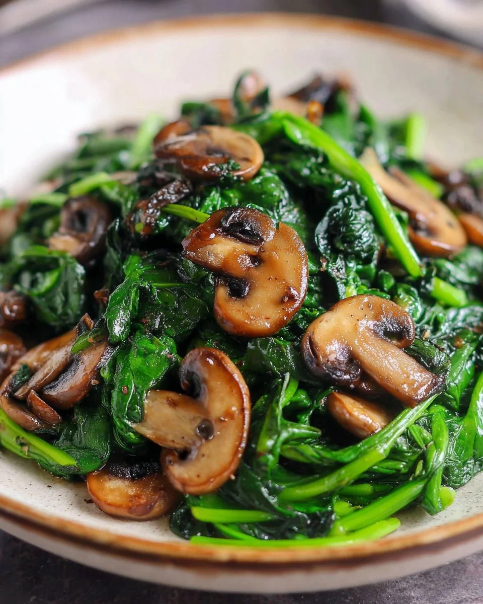 Fresh sautéed spinach and mushrooms served in a pan