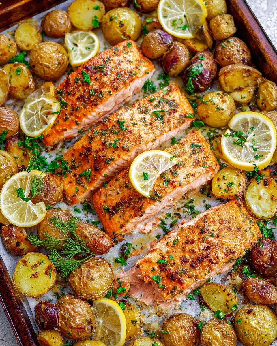 Sheet Pan Lemon Dijon Salmon with Potatoes ready for serving on a table.