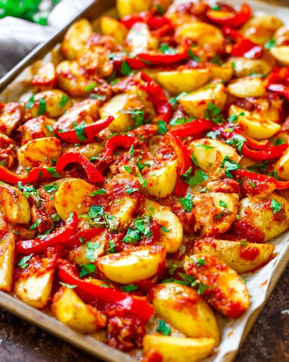 Sheet Pan Salsa Chicken served with roasted potatoes on a platter