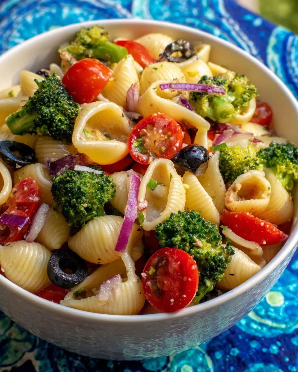Colorful Shell Pasta Salad with fresh vegetables and dressing