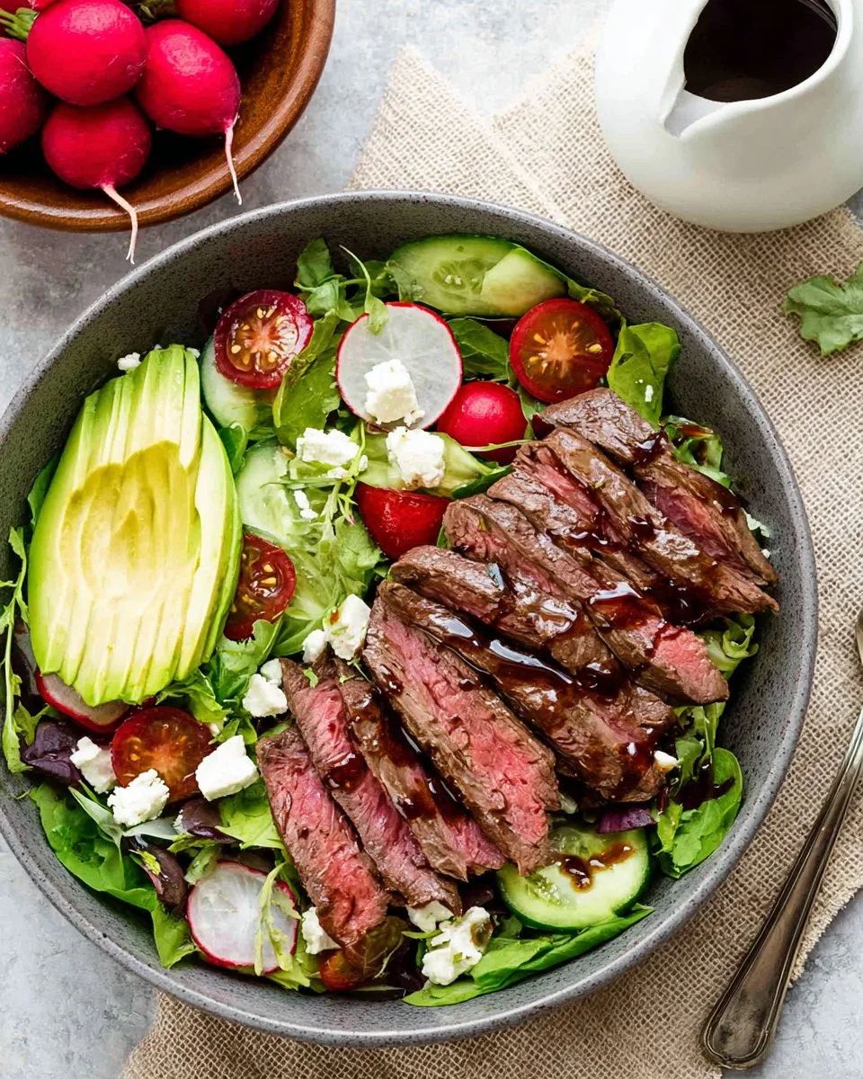 Delicious steak salad topped with fresh vegetables and vinaigrette dressing
