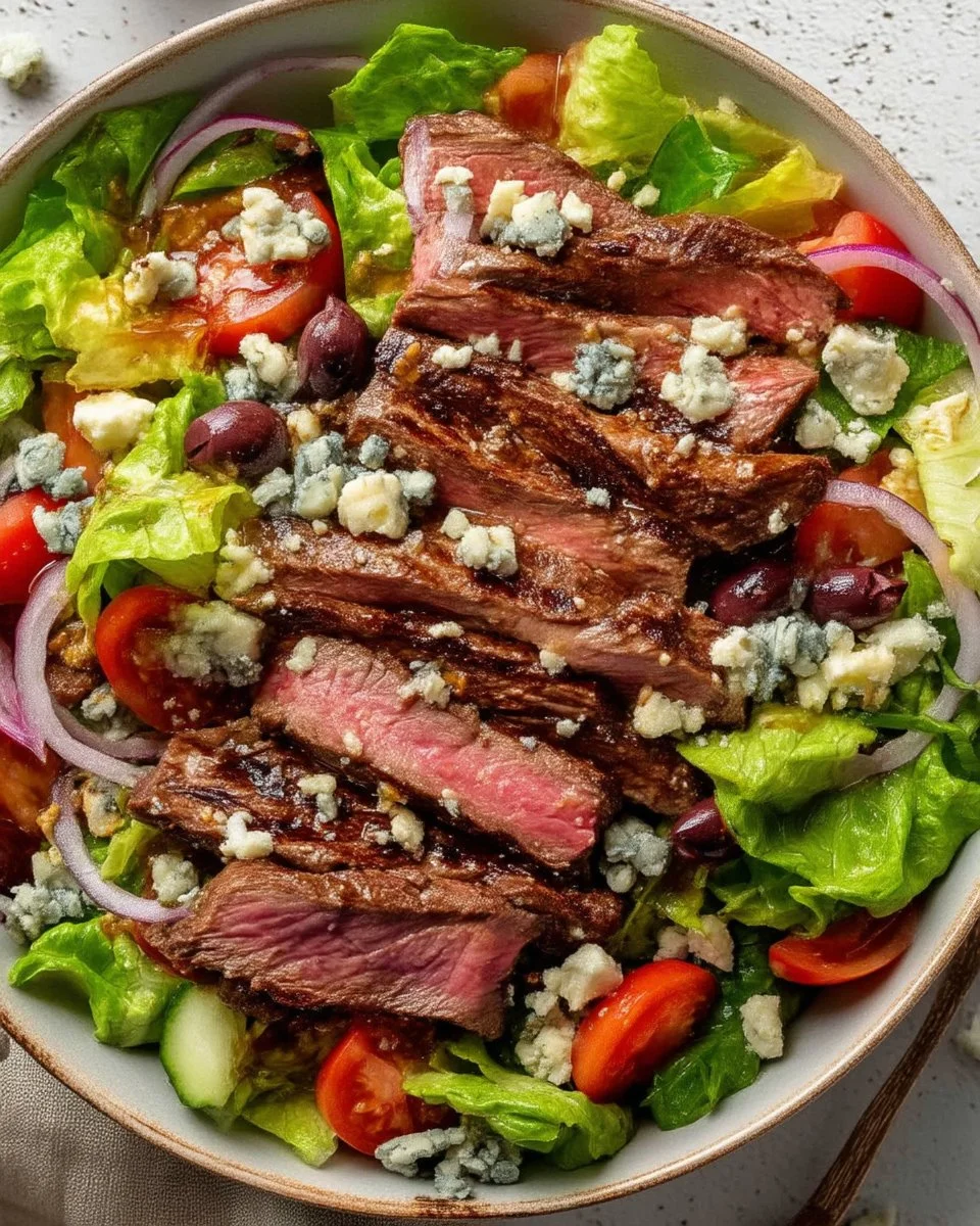 Delicious homemade steak salad recipe with fresh greens and grilled steak