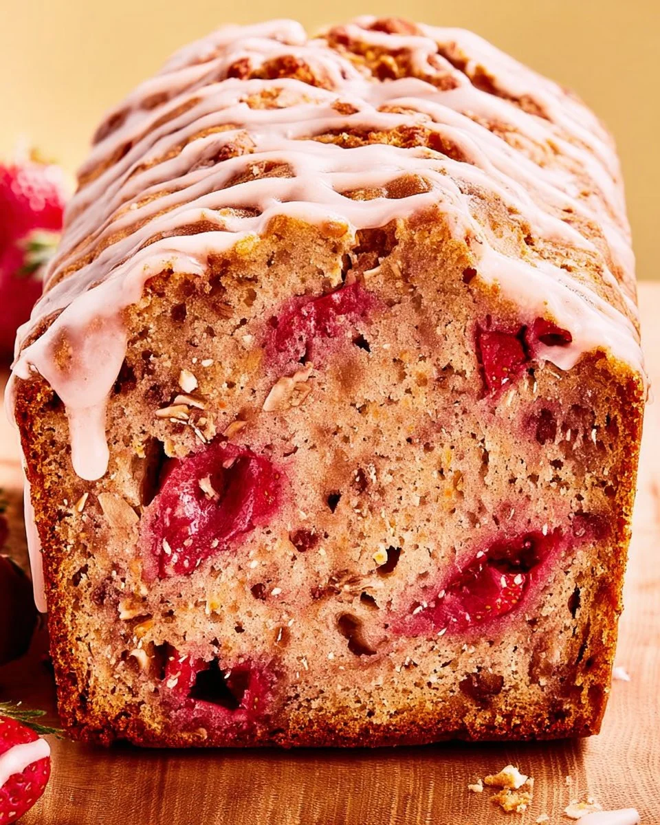 Loaf of homemade strawberry bread topped with fresh strawberries