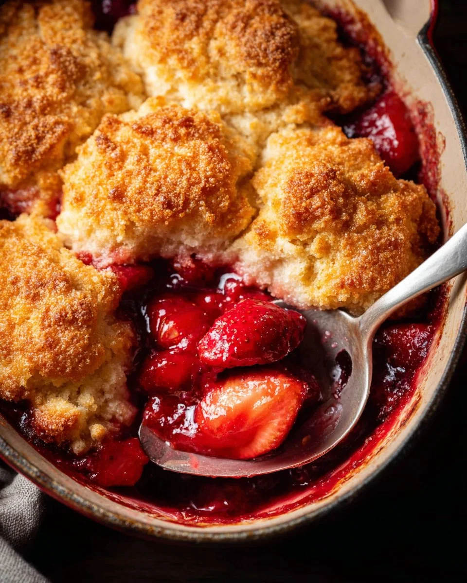 Strawberry cobbler with buttermilk biscuits fresh out of the oven