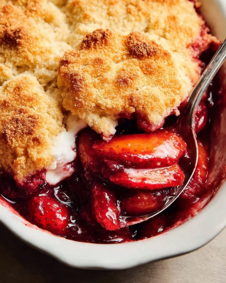 Delicious strawberry cobbler topped with buttermilk biscuits, fresh and inviting dessert