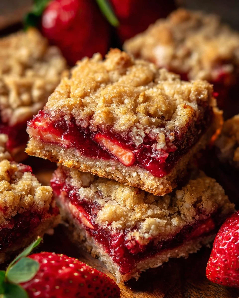 Strawberry oatmeal bars with fresh strawberries and oats on a wooden table.