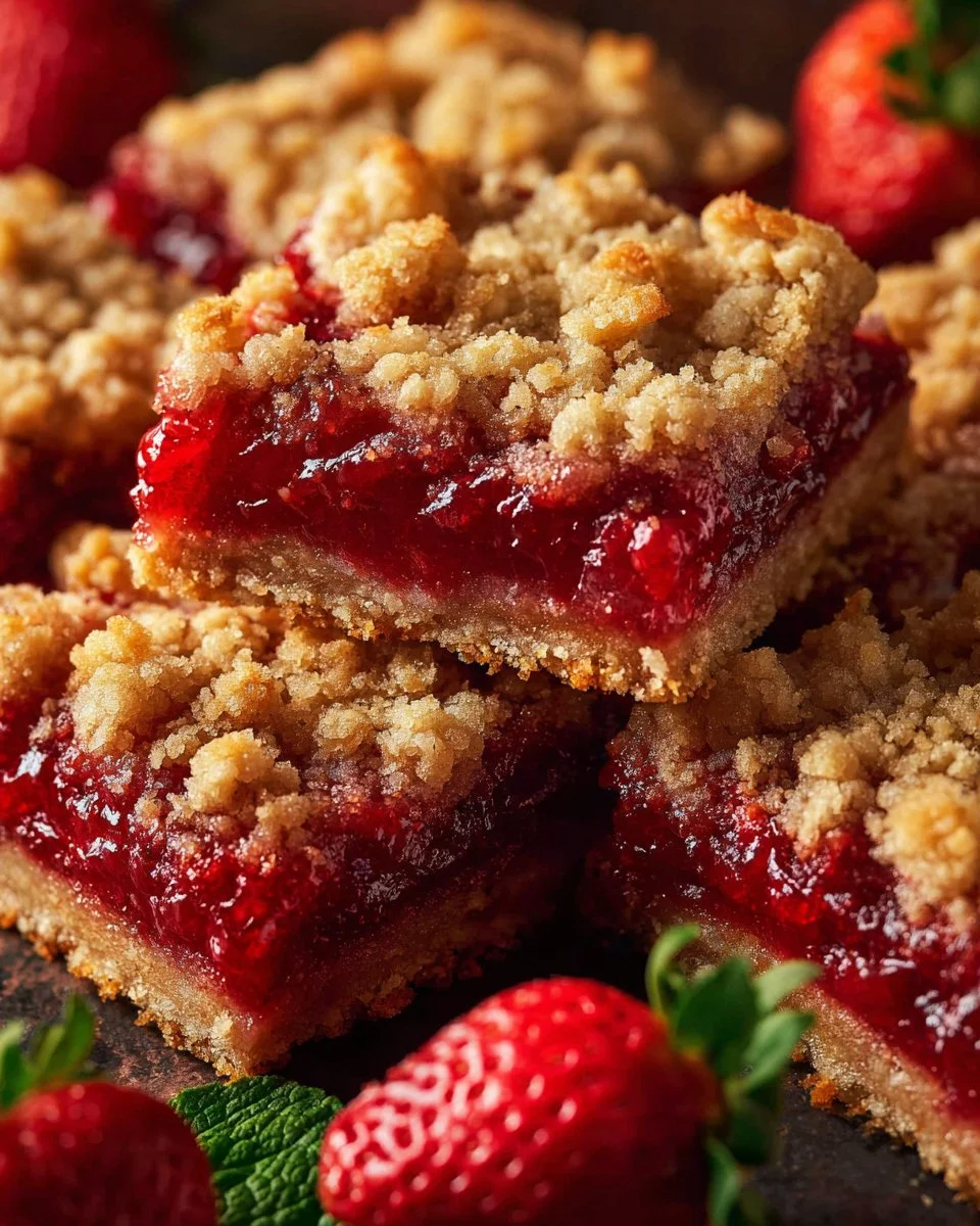 Strawberry oatmeal bars fresh out of the oven, topped with fresh strawberries.