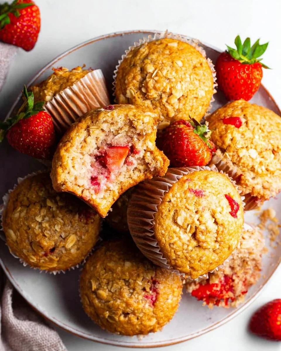 Freshly baked strawberry oatmeal muffins with oats and strawberries