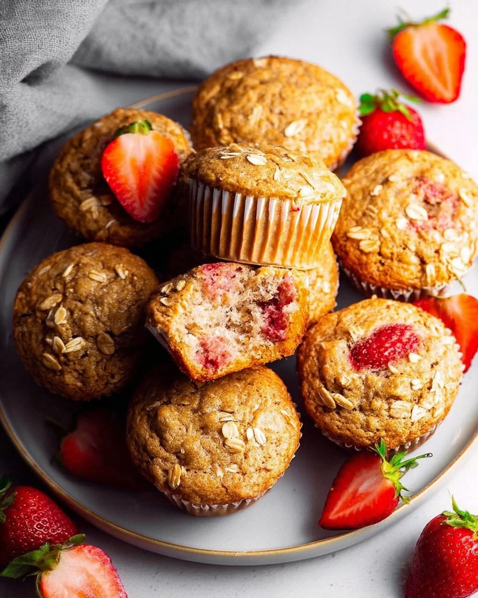 Baking delicious strawberry oatmeal muffins with fresh strawberries and oats