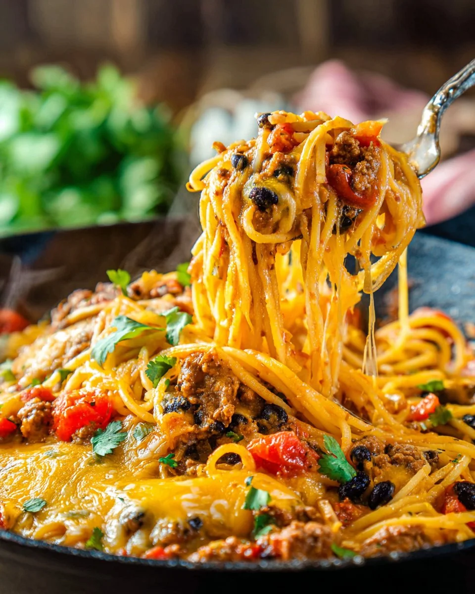 Delicious Taco Spaghetti with ground beef, cheese, and taco seasoning served in a bowl.