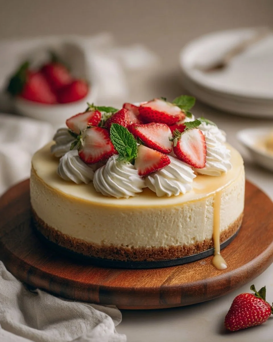 Delicious vanilla bean cheesecake topped with fresh berries