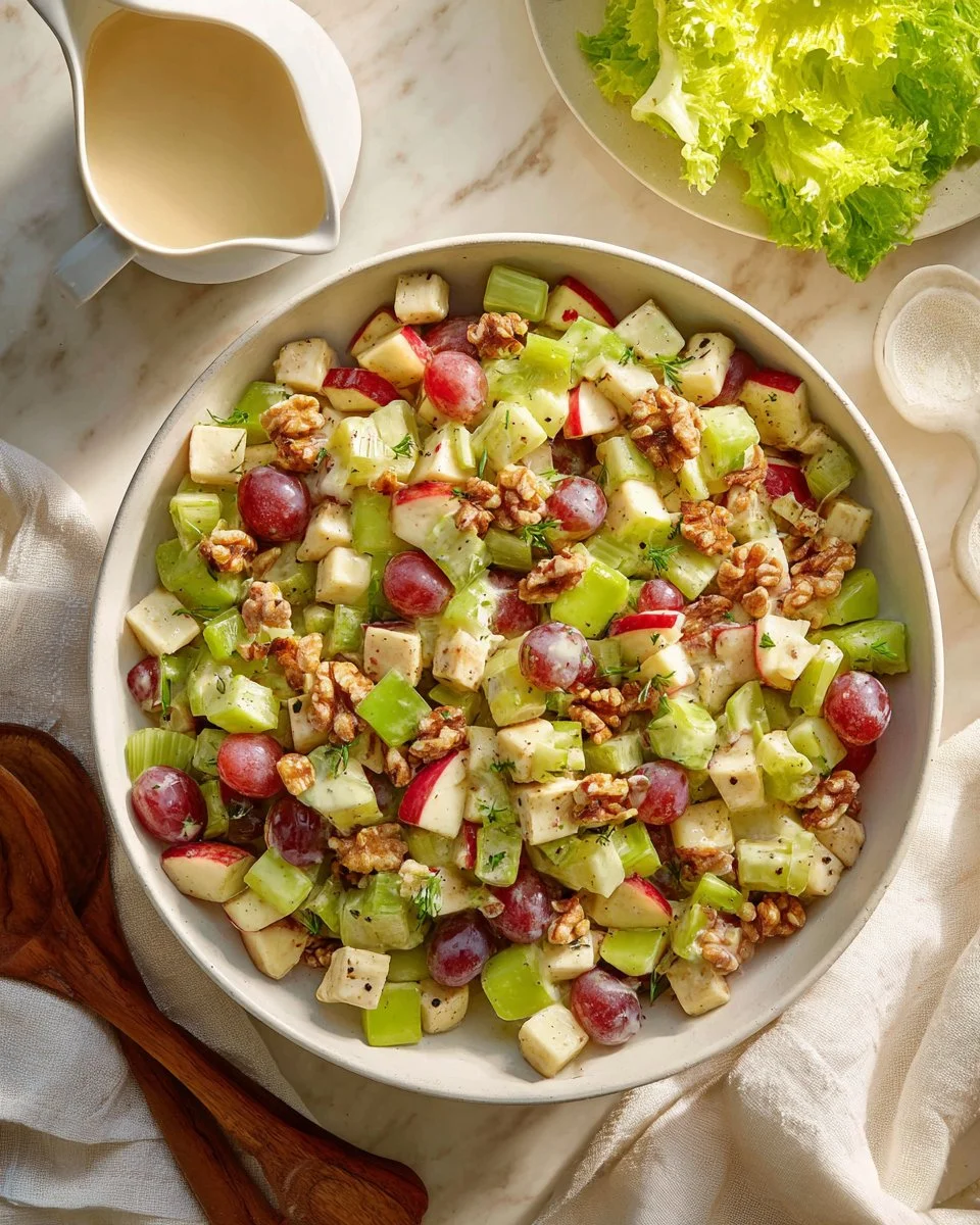 Delicious Waldorf Salad with apples, walnuts, and celery served in a bowl