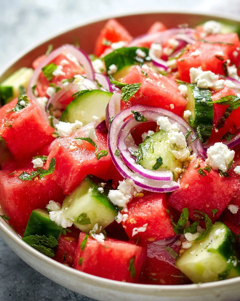 Colorful Watermelon Salad with feta cheese and fresh mint leaves