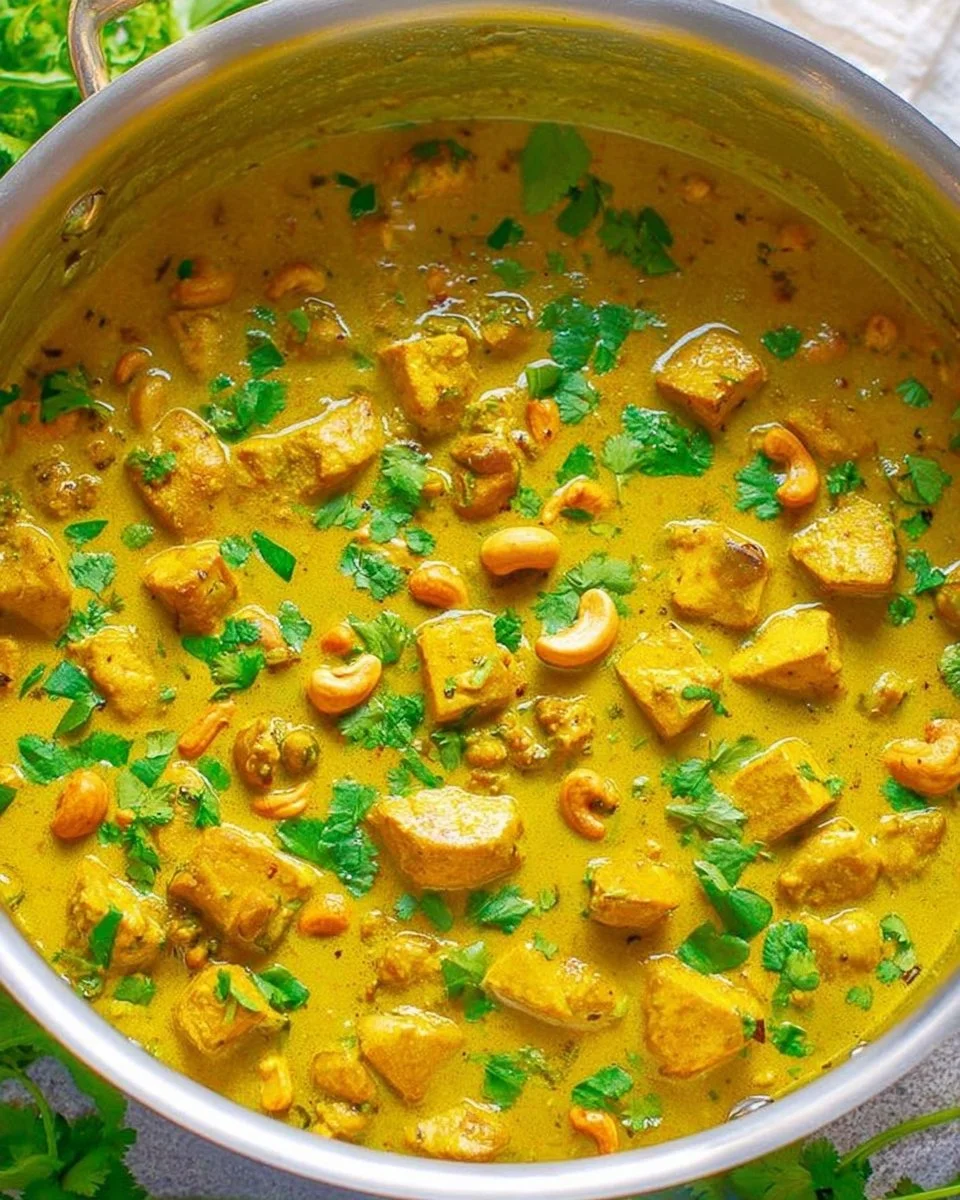 Delicious Yellow Chicken Coconut Curry Chicken Korma served in a bowl
