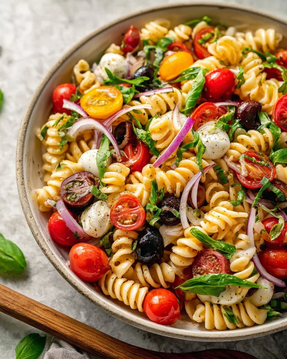 Colorful 15 Minute Pasta Salad with fresh vegetables and herbs