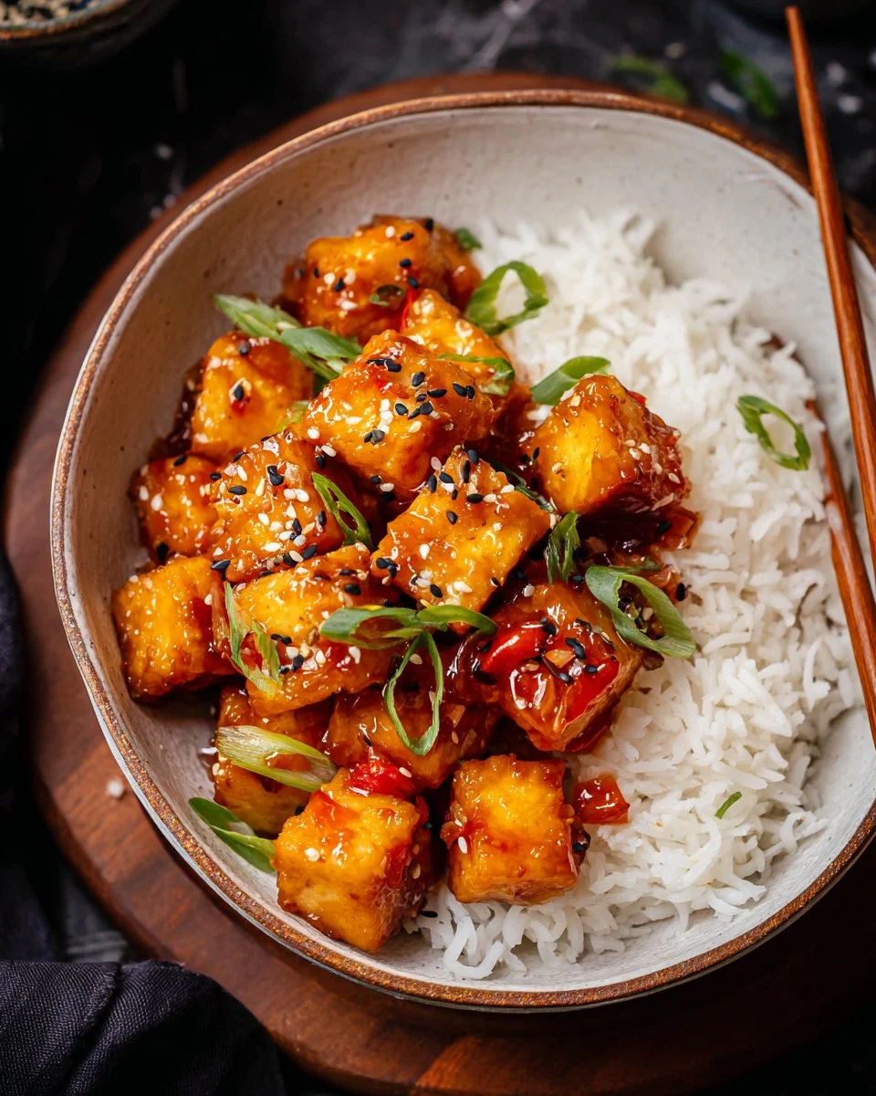 20 minutes sweet and sour tofu recipe made with honey, served in a bowl