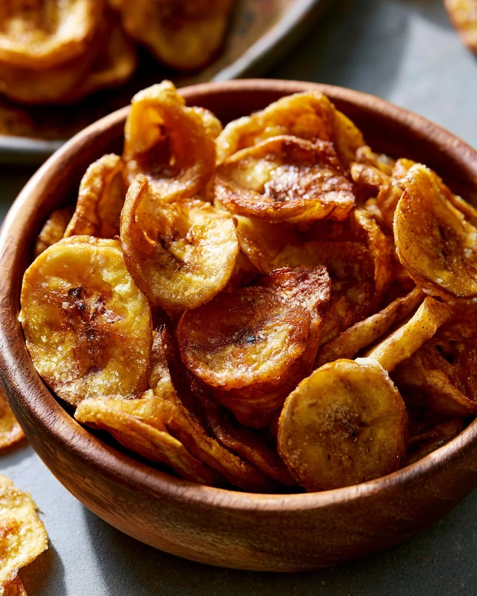 Crispy air-fried banana chips served in a bowl