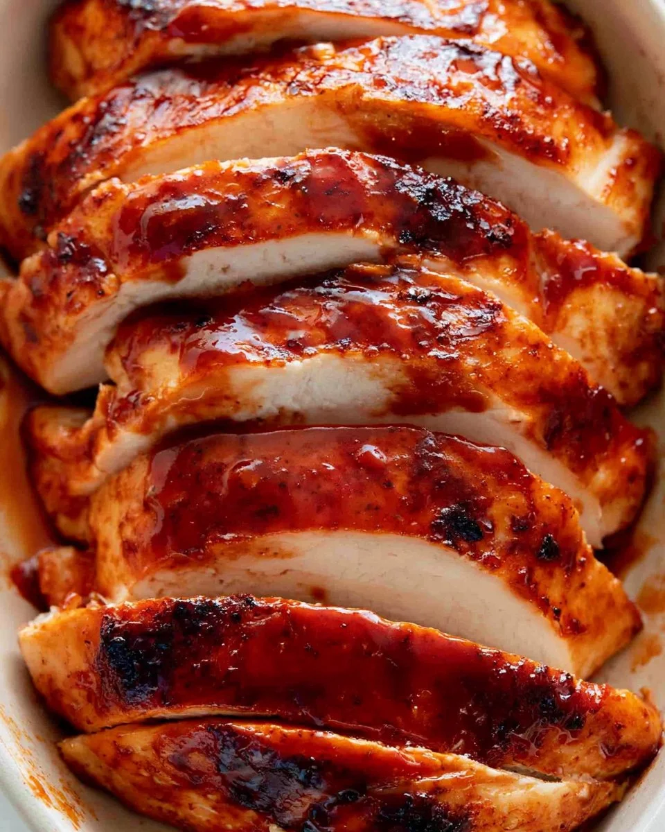Air fryer BBQ chicken breasts ready to serve with a side of vegetables