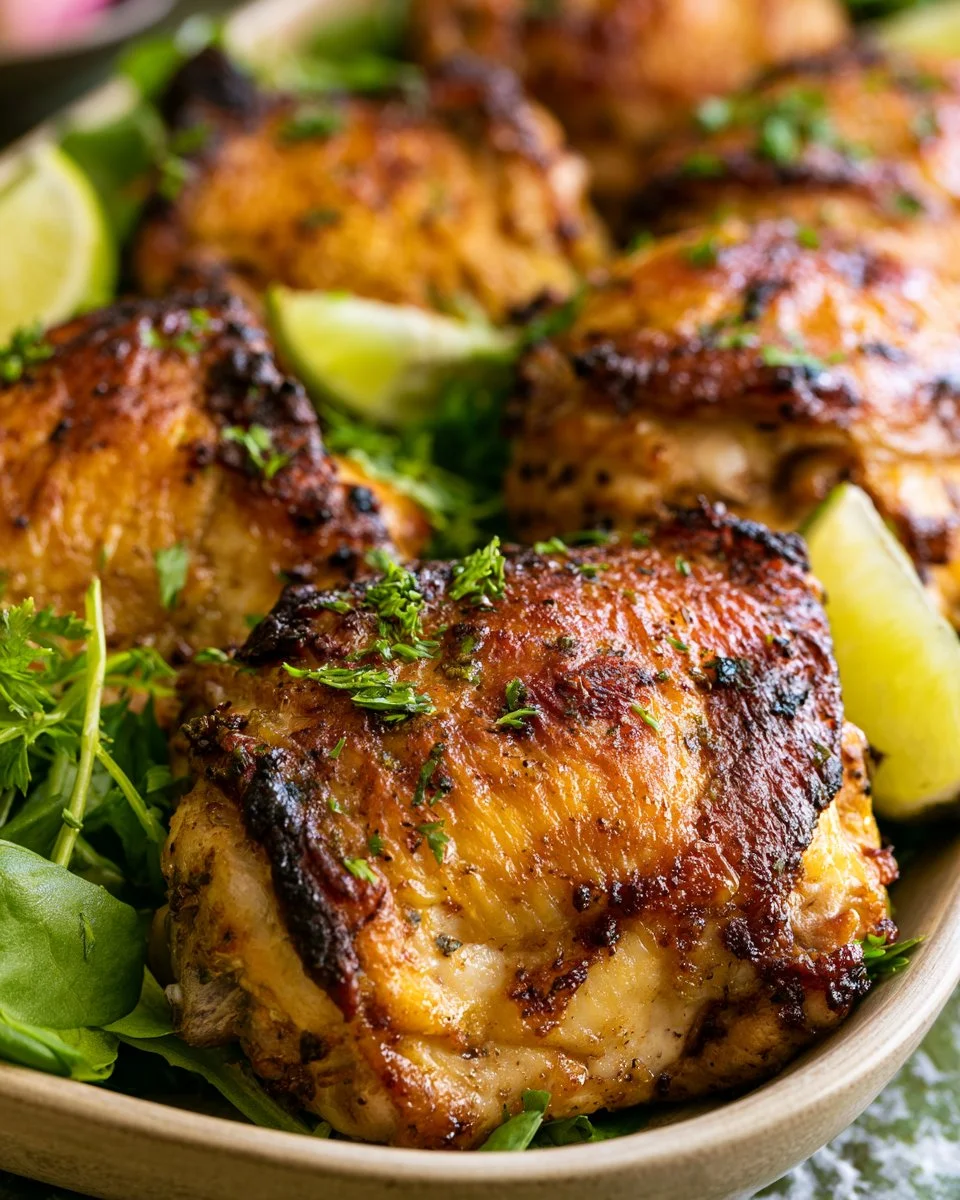 Crispy Air Fryer Chicken Thighs served with herbs and spices