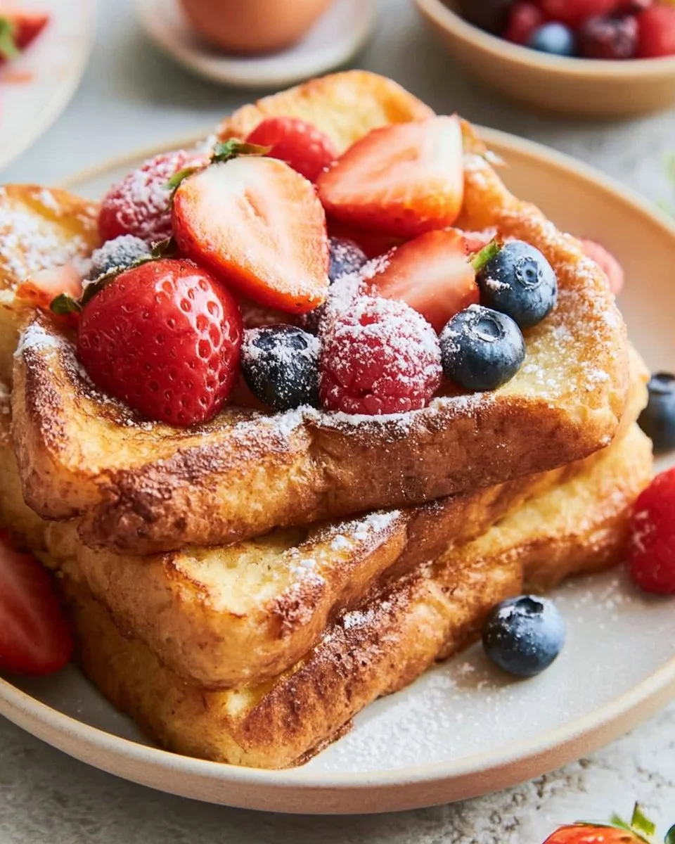 Delicious Air Fryer French Toast served with syrup and berries.