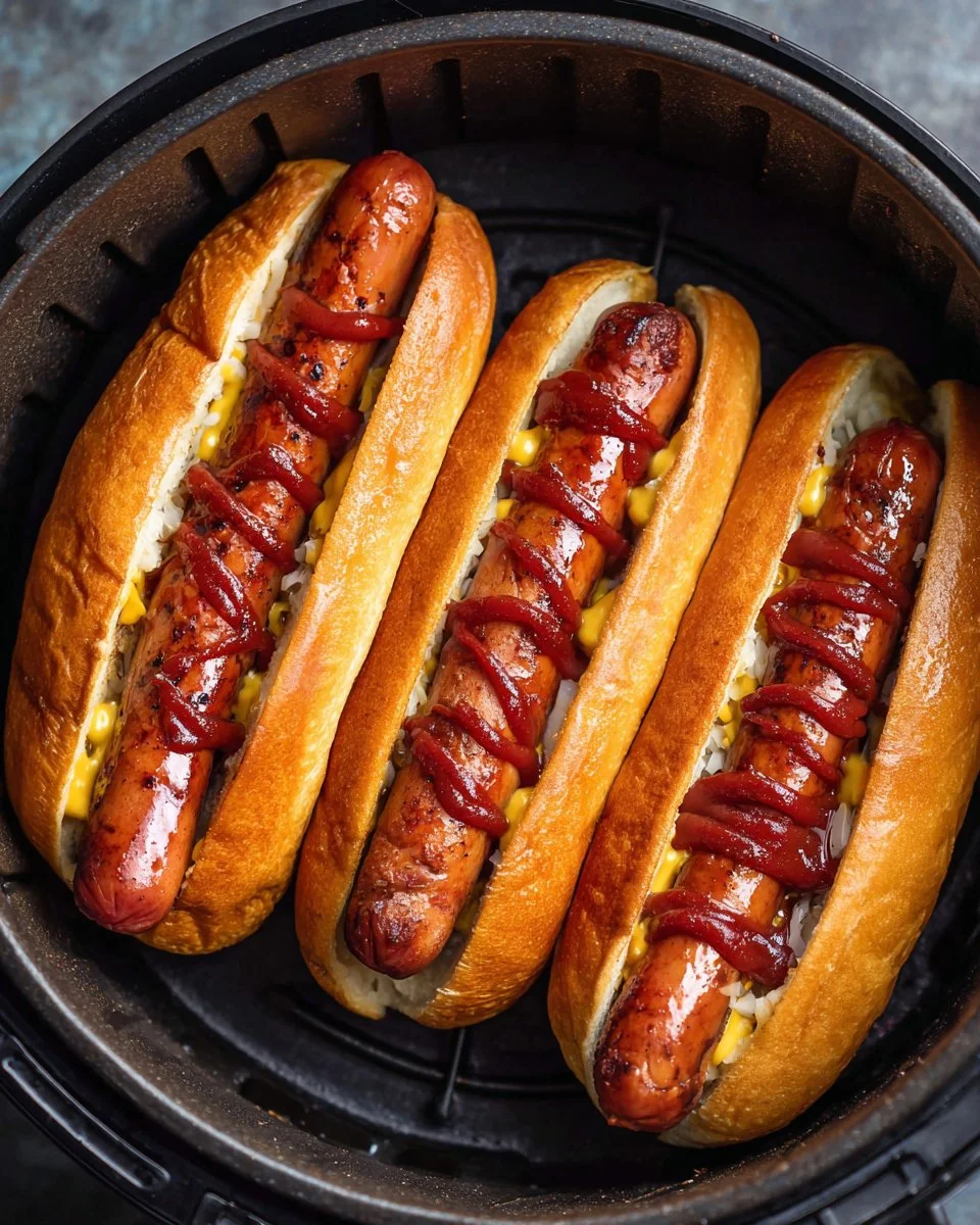 Crispy air fryer hot dogs served with toppings and condiments