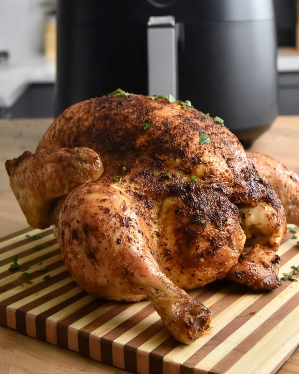 Golden brown air fryer whole chicken on a platter garnished with herbs.