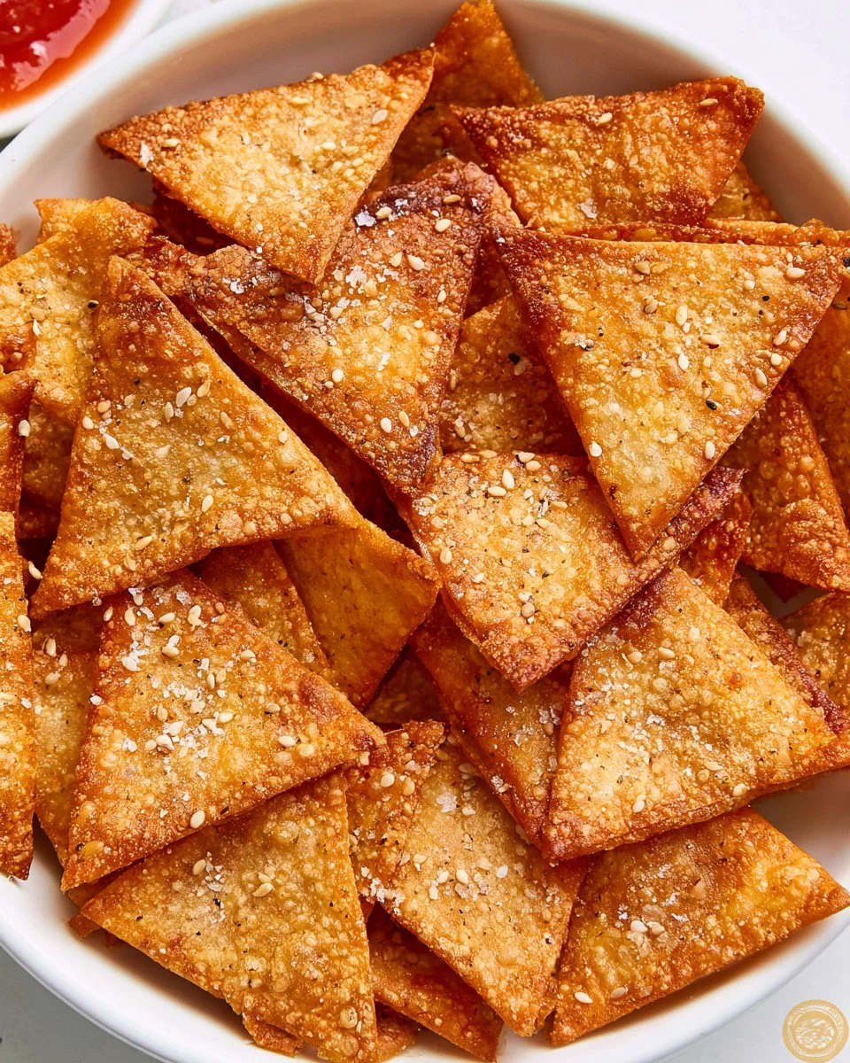 Homemade air fryer wonton chips on a plate, crispy and golden brown.