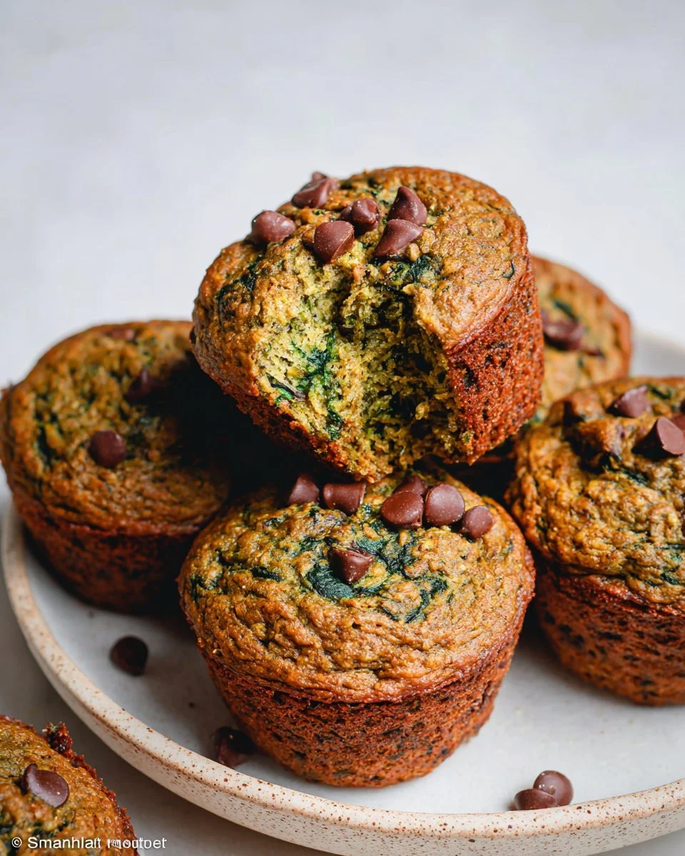 Almond flour banana muffins with spinach on a wooden table