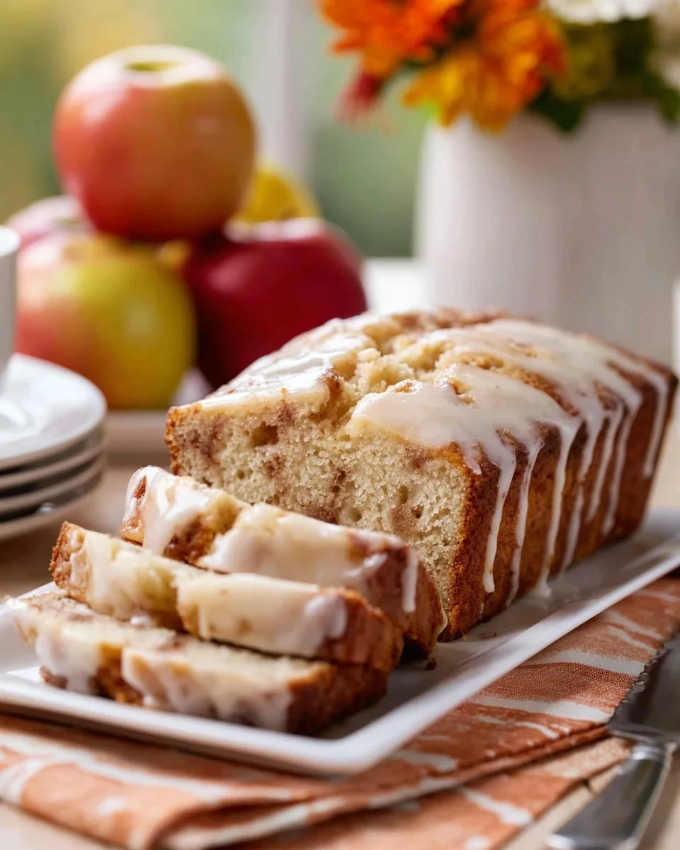 Freshly baked apple fritter bread with chunks of apple and cinnamon swirls.
