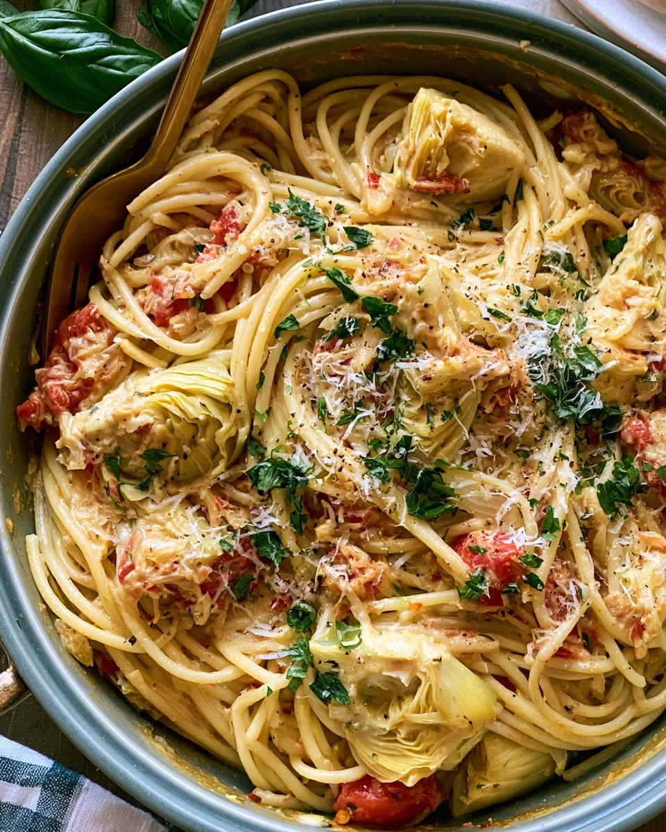 Delicious plate of artichoke pasta garnished with fresh herbs
