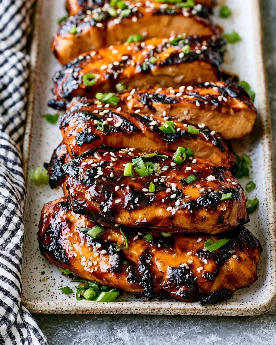 Delicious Asian grilled chicken with vibrant marinade and garnishes.
