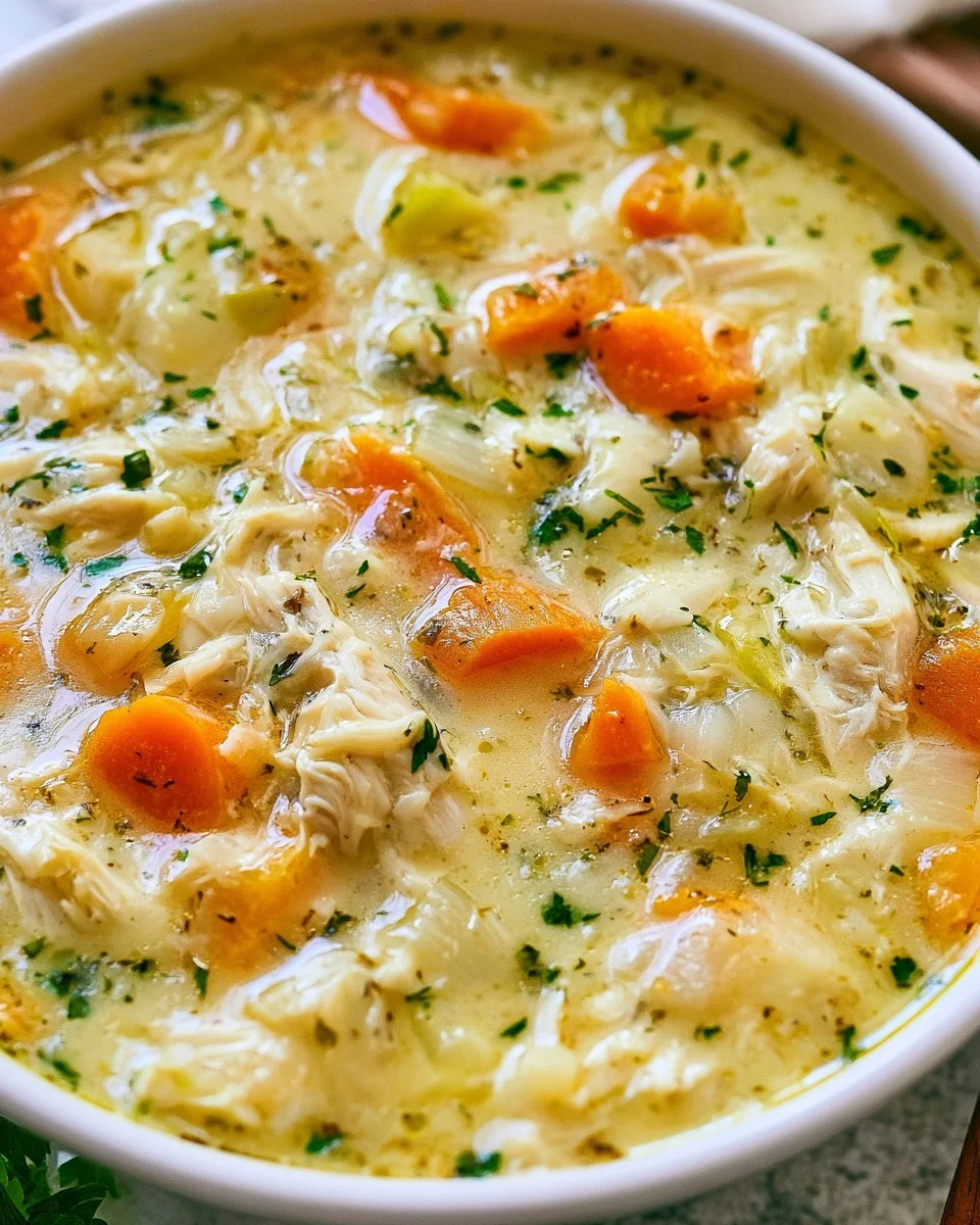 Bowl of traditional Avgolemono Soup garnished with lemon and herbs.