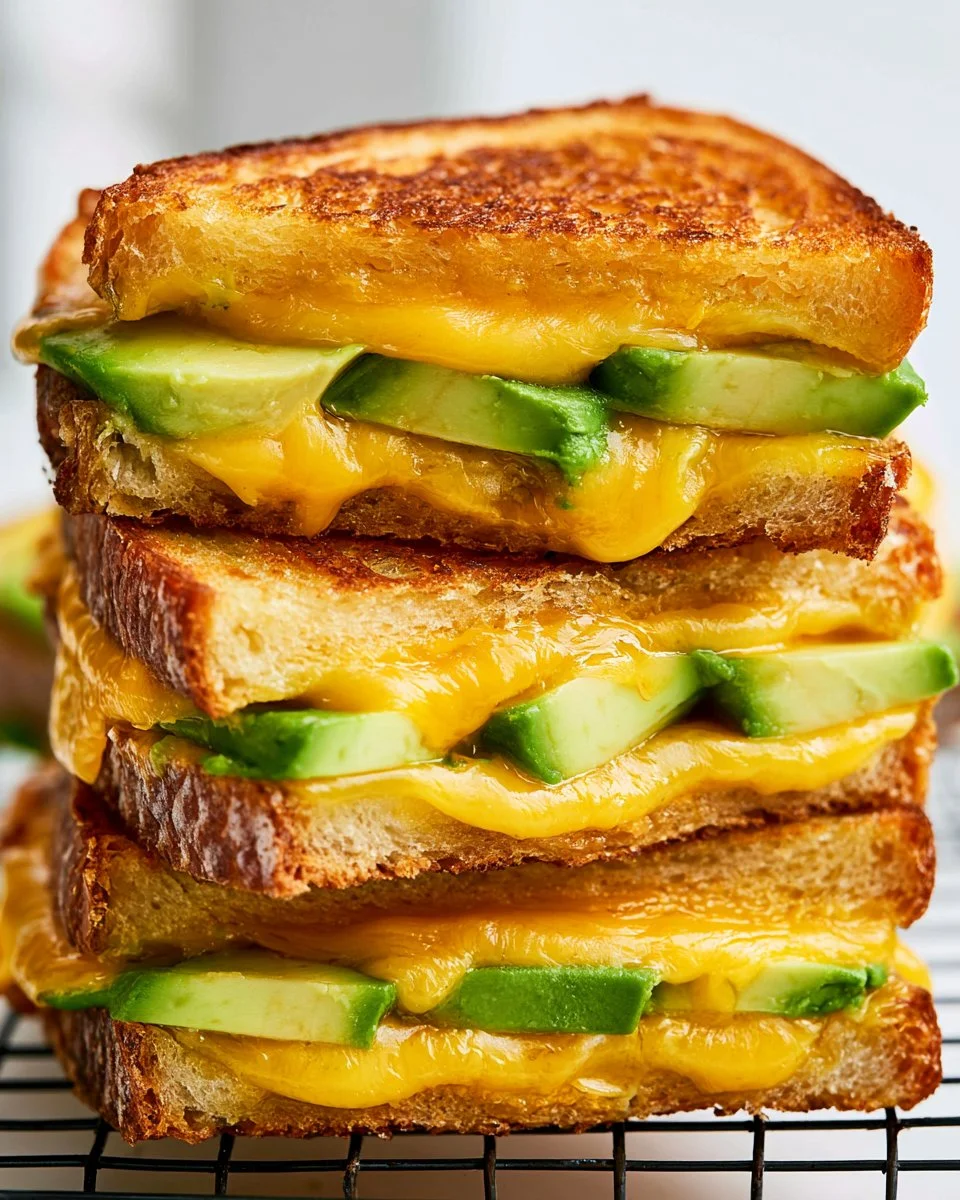Delicious avocado grilled cheese sandwich made with melted cheese and fresh avocado