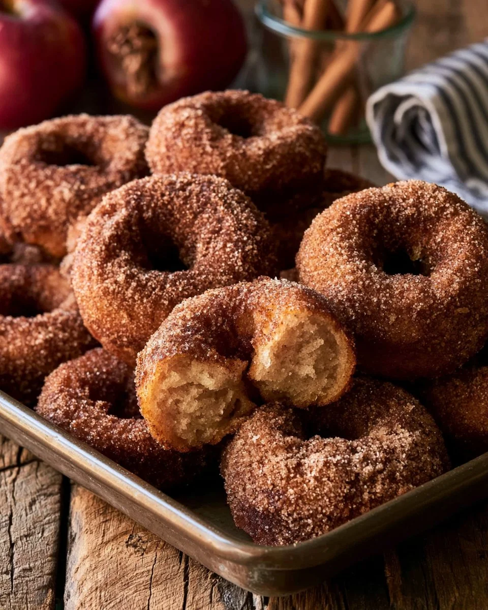 A plate of baked apple cider donuts garnished with cinnamon sugar.